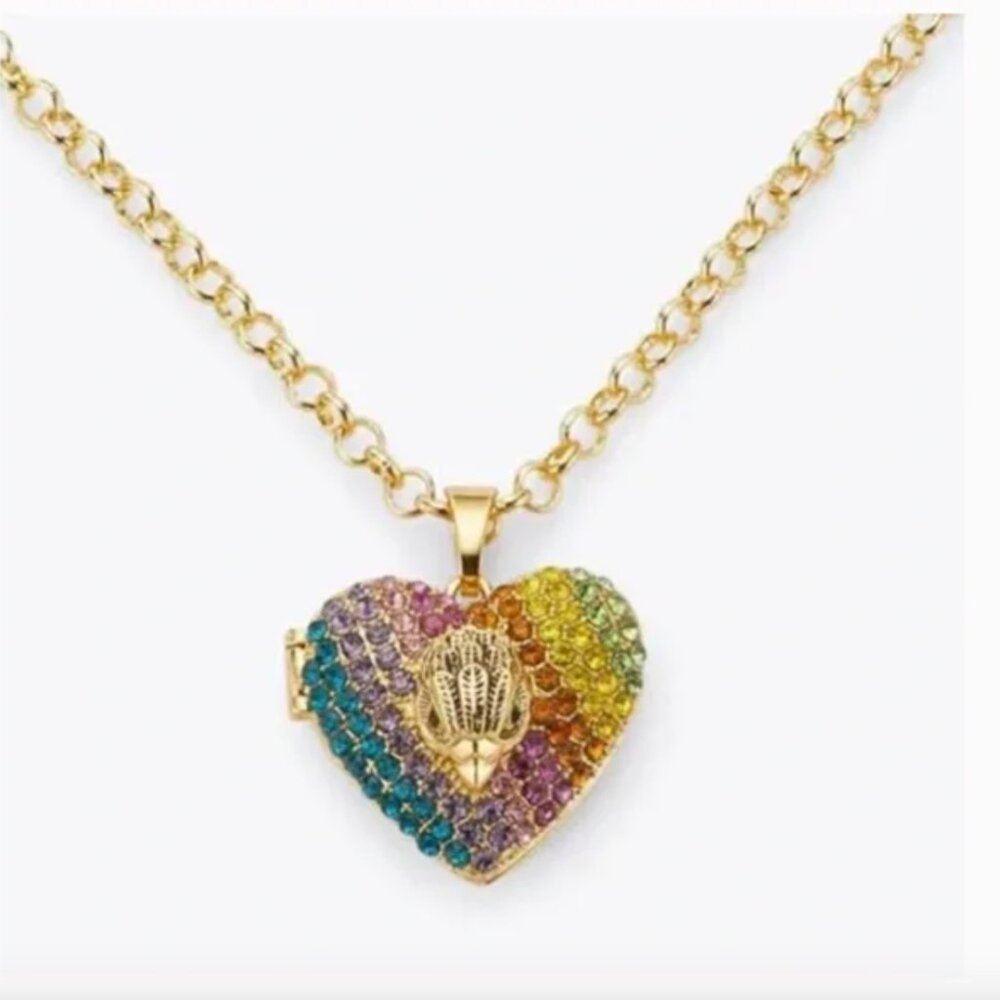 NWT Kurt Geiger Rainbow Pave Crystals Heart & Eagle Head Locket Pendant necklace
